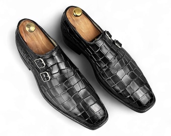 Black Crocodile Leather Monk Strap Shoes | Handcrafted Men's Formal Dress Shoes | Wedding & Business Footwear