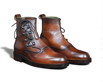 Luxury Handmade Brown Leather Boot | Stylish Side Lace-Up Ankle Boot | High-Quality Full Grain Leather Dress Boot | Men's Designer Boot