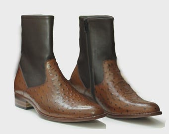 Botines de piel de avestruz hechos a mano - Diseño con cremallera bicolor