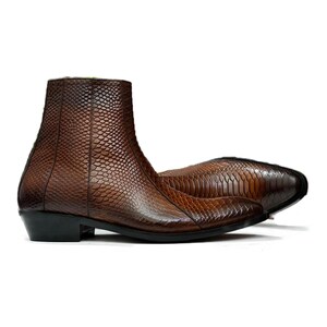 Side View – Side profile of Handmade Brown Python Texture Zipper Ankle Boots, showcasing the sleek design and motorcycle-ready fit.