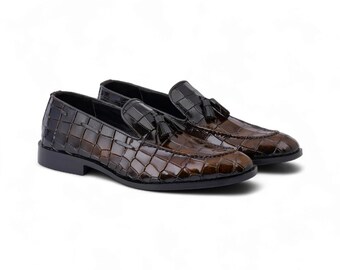 Brown Alligator Texture Slip-On Tassel Loafers for Men | Stylish & Comfortable Party Shoes | Perfect for Formal  Casual Occasions