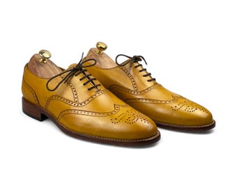 Handmade Men’s Tan Wingtip Brogue Lace-Up Leather Shoes | Sophisticated Dress Shoes | Classic Comfortable Formal Footwear for Every Occasion