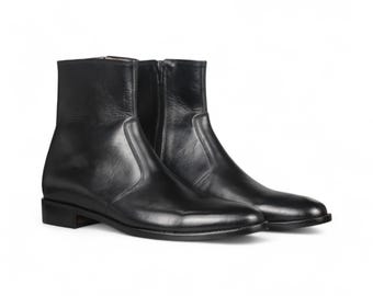 Handmade Black Leather Ankle Boots: Men's Zipper Dress Boots