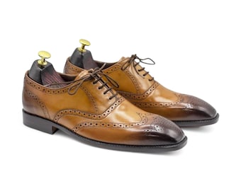 Handmade Mens  Oxford Tan Leather Wingtip Brogue Lace-Up Dress Shoes | Stylish Elegant Formal Footwear for Men | Perfect for Every Occasion