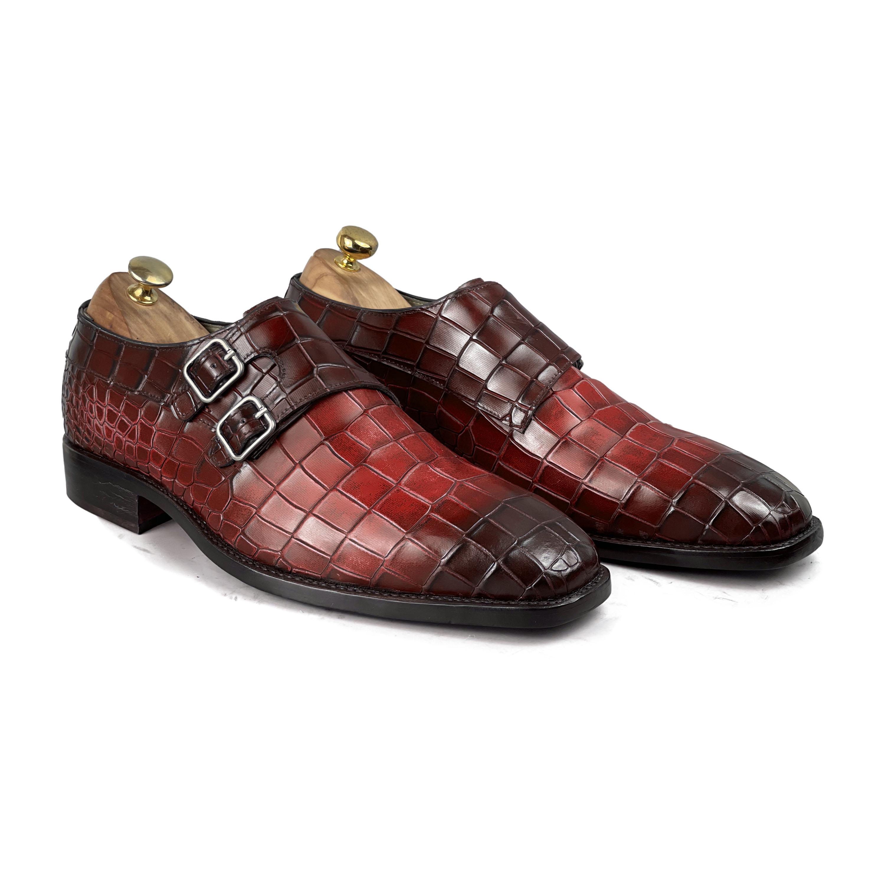 Men\'s Double Monk Strap Dress Shoes in Wine Croc-Embossed Leather Wine Double Monk Strap Shoes – Italian Shoes Company main image 2