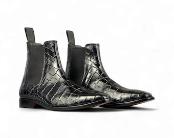 Black Crocodile Chelsea Boots for Men | High Shine Patent Leather Look | Sleek Ankle Dress Boot | Handmade Custom Formal Footwear
