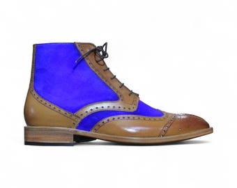 Mens Two-Tone Wingtip Leather Lace-Up Boots | Hand-Painted Brogue Toe Suede Boots | Blue Suede & Brown Leather Ankle-High Formal Boots