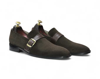 Mens Suede Leather Loafers | Stylish Dark Brown Suede Monk Strap Fashion Shoes | Comfortable Footwear for Formal & Casual Occasions