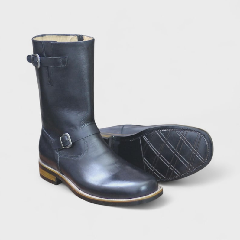 Rubber Sole View – Durable leather sole of Handmade Black Python Print Engineer Boots, offering stability and comfort for all-day wear.