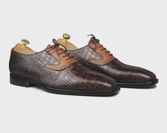 Handmade Alligator Print Leather Dress Shoes | Two Tone Office Shoe