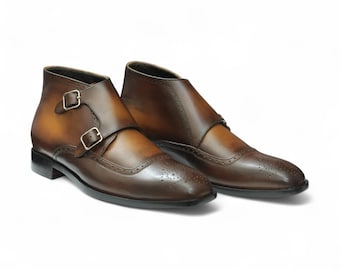 Handmade Brown Leather Brogue Double Monk Strap Boots for Men | Genuine Leather | Stylish, Comfortable, Perfect for Formal & Casual Wear
