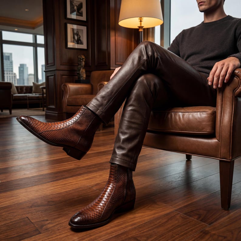 Exotic brown snakeskin boots displayed on a premium wood shelf with accessories.