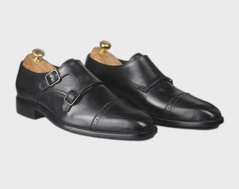 Zapatos de doble hebilla negros hechos a mano / Zapatos de vestir con puntera / Zapatos formales de diseñador para hombre / Zapatos Oxford de lujo con hebilla / Regalo para él
