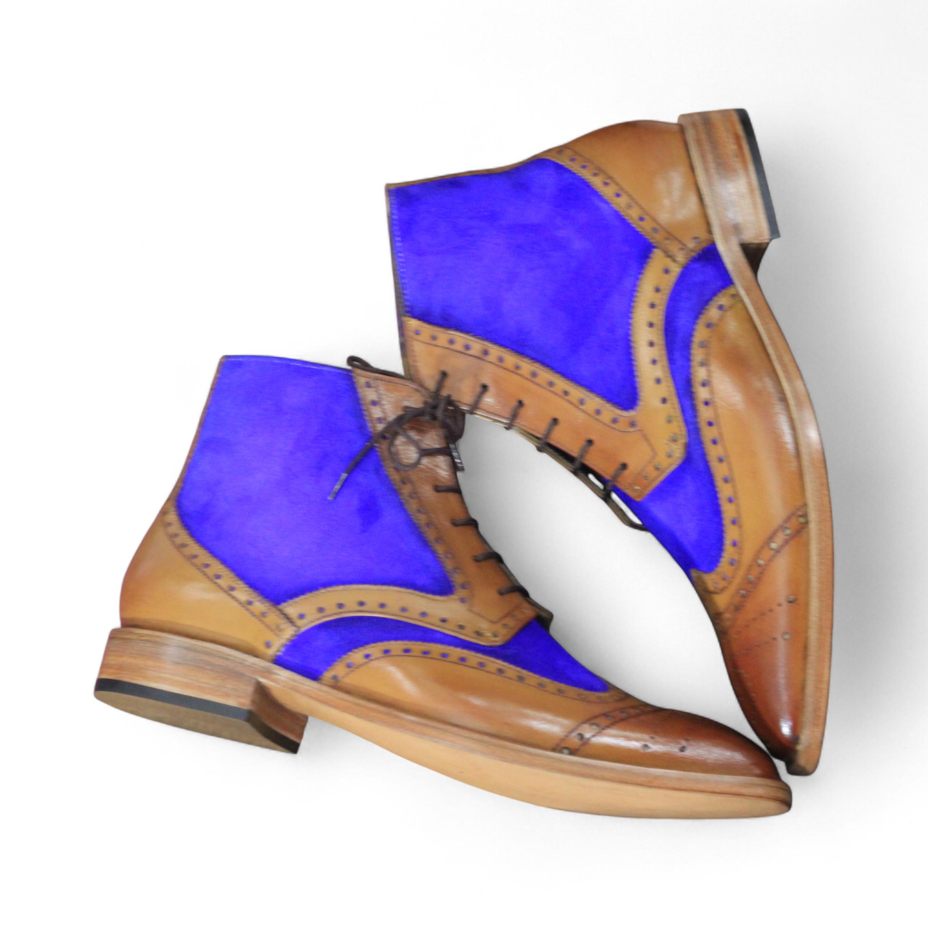 Men\'s Tan Leather Wingtip Boots with Blue Laces Wingtip Lace Up Boots- Tan by Lethato main image 2