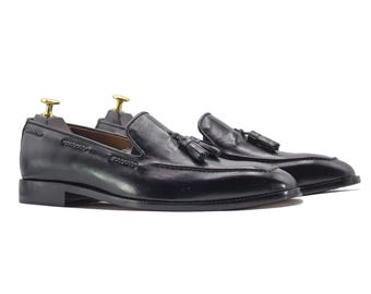 Handmade Black Tasseled Square Toe Leather Loafers | Luxury Men’s Dress Shoes | Designer Wedding Loafers | Stylish Elegant Footwear for Men