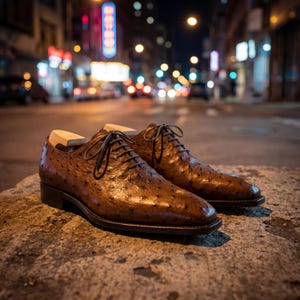 Men wearing handmade cognac full quill ostrich wholecut Oxford shoes with charcoal grey tailored dress trousers on modern concrete surface in architectural setting