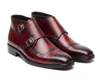 Handmade Mens Burgundy Leather Brogue Double Monk Strap Boots | Genuine Leather | Stylish, Comfortable Footwear for Formal & Casual Wear