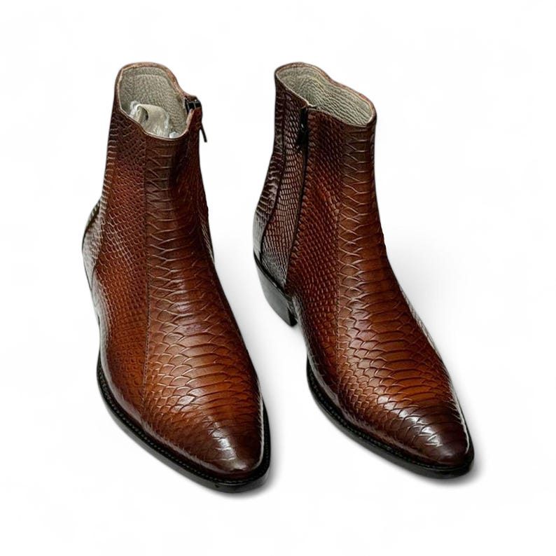 Front View – Handmade Men’s Brown Python Texture Zipper Ankle Boots with full-grain leather and luxurious python pattern, offering rugged elegance.
