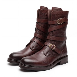 Handmade Full Grain Leather Tanker Boots Brown Buckle Straps