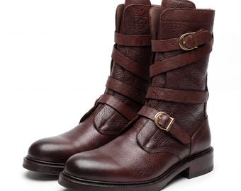 Handmade Full Grain Leather Tanker Boots Brown Buckle Straps