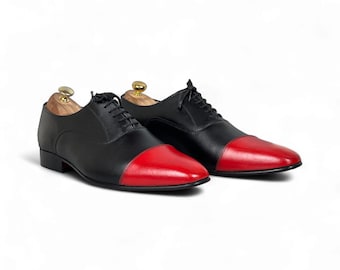 Black & Red Cap Toe Oxford Dress Shoes for Men | Handcrafted Two-Tone Formal Footwear | Premium Leather Lace-Up Shoes