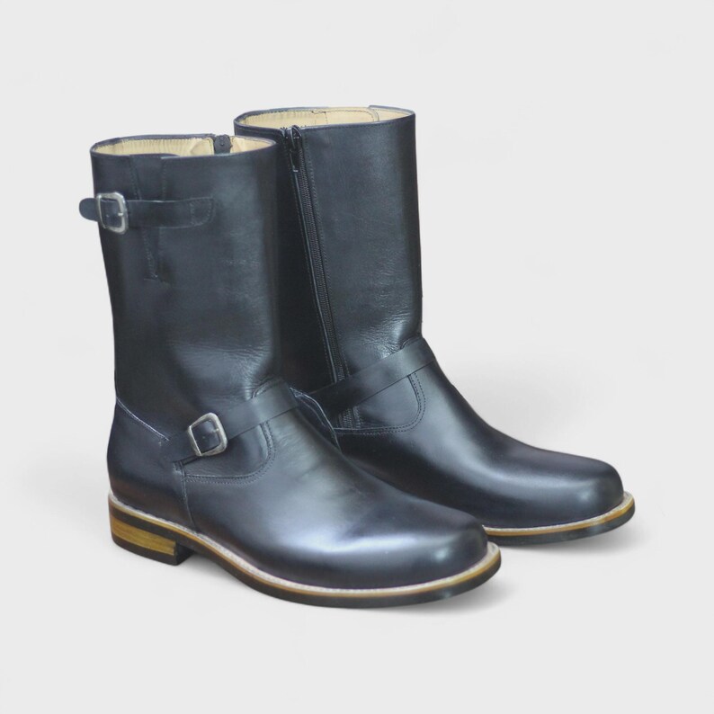 Side View – Side profile of Handmade Black Python Print Engineer Boots, featuring classic engineer boot design and python print detailing.