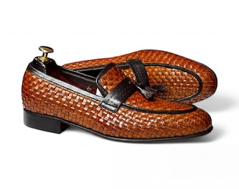Handmade Woven Leather Tassel Loafers Men
