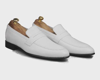 White Leather Penny Loafers | Handmade Dress Shoes