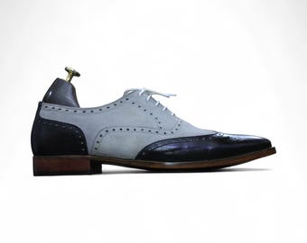 Mens Handmade Black Gray Leather Suede Lace-Up Formal Shoes | Two-Tone Wingtip Custom Lace-Up Dress Shoes | Stylish & Comfortable Footwear