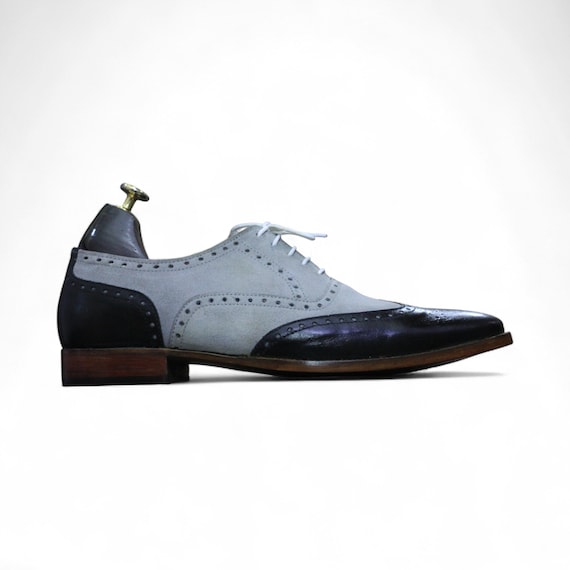 semi formal dress shoes Mens Handmade Black Gray Leather Suede Lace-up | Two-tone Wingtip Custom Lace-up Shoes | Stylish & Comfortable Footwear Tie and Dye