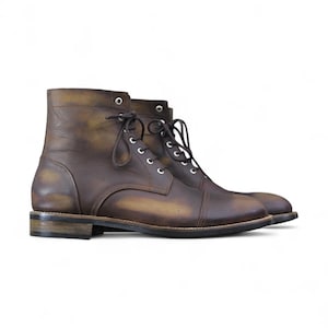 Handmade Brown Leather Cap-Toe Ankle Boots for Men | Classic Lace-Up Formal Dress Boots | Stylish, Comfortable Footwear for Every Occasion