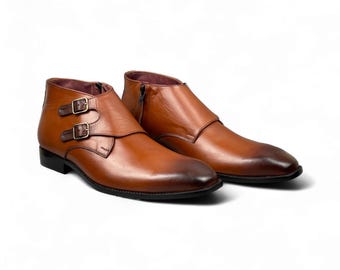 Handmade Mens Leather Double Monk Strap Boots | Genuine Leather | Stylish, Comfortable Footwear for Formal & Casual Wear