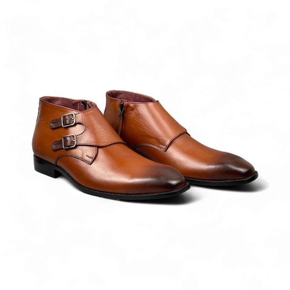 Handmade Mens Leather Double Monk Strap Boots | Genuine Leather | Stylish, Comfortable Footwear for Formal & Casual Wear