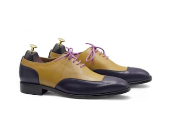 purple and yellow dress shoes Men's Oxford Purple & Yellow Leather Wingtip Shoes Handmade Formal Lace Up Luxury Oxford Leather Shoes For Man Mens Shoes US 7.5