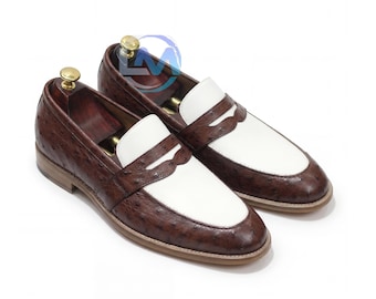 Mens Two Tone Ostrich Texture Leather Penny Loafers