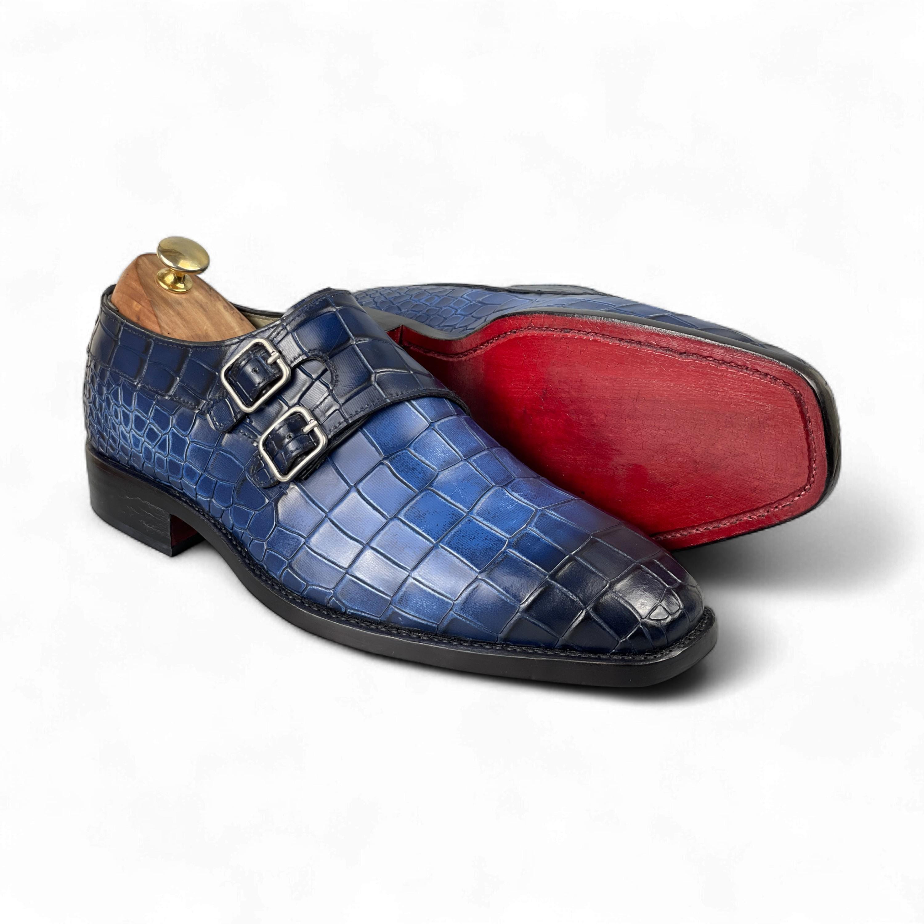Burgundy Crocodile Texture Double Monk Strap Shoes for Men  display picture 3