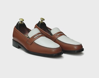 Handmade Brown & White Leather Penny Loafers - Men's Designer Shoes