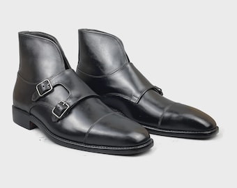 Handmade Black Leather Ankle Boots | Double Monk Dress Boots | Men Dress Designer Luxury Boots | Bossiness Boots | Office Boots | Men Boots