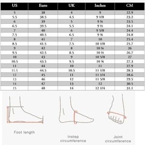 May include: Shoe size conversion chart with US, Euro, UK, inches, and cm measurements. Includes illustrations for foot length, instep circumference, and joint circumference. Sizes range from US 5 (9 inches, 22.9 cm) to US 15 (12 1/4 inches, 31.1 cm).