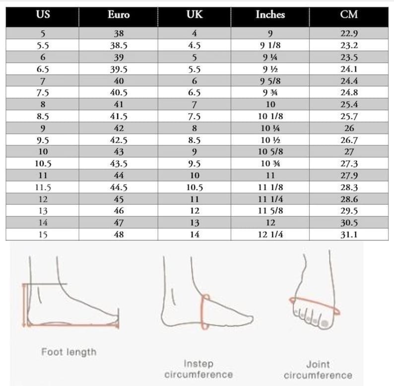 May include: Shoe size conversion chart with US, Euro, UK, inches, and cm measurements. Includes illustrations for foot length, instep circumference, and joint circumference. Sizes range from US 5 (9 inches, 22.9 cm) to US 15 (12 1/4 inches, 31.1 cm).