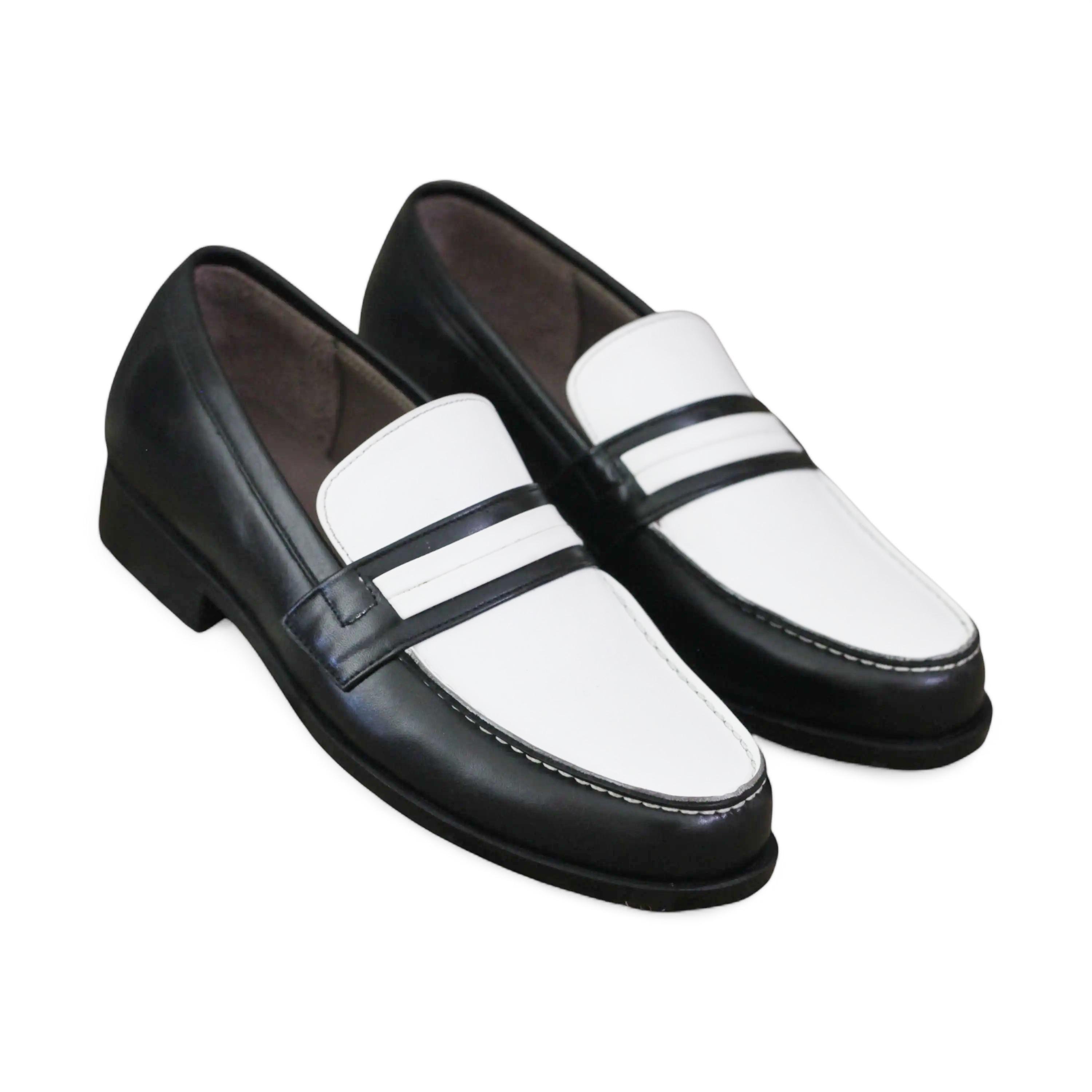 Handmade Mens Two-tone Black & White Leather Penny Loafers | Sleek