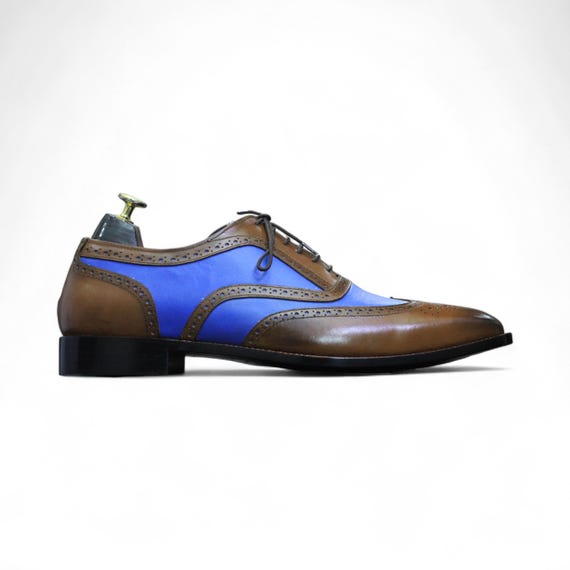Mens Brown & Blue Leather Dress Shoes | Lace-Up Wingtip Brogue Style Shoes | Stylish, Comfortable Formal Footwear | Premium Leather Shoes