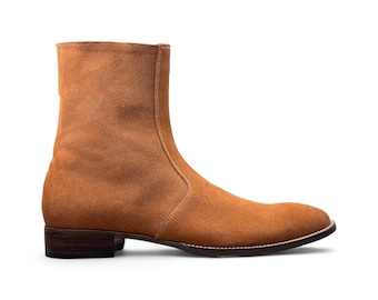 Handmade Brown Suede Leather Zipper Ankle-High Boots for Men | Comfortable Leather Footwear | Premium Quality Boots for Every Occasion