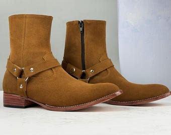 Handmade Brown Suede Harness Boots With Chain | Men display picture 2