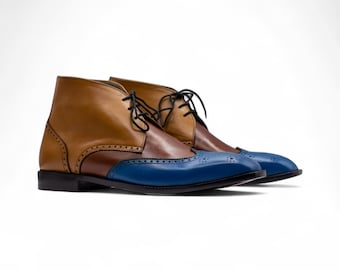 Handmade 3-Tone Lace-Up Chukka Boots | Full Grain Leather Half Ankle Boots | Stylish & Comfortable Men’s Formal Footwear for Any Occasion