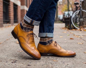 Mens Tan Wingtip Oxford Brogue Leather Dress Shoes