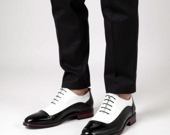 Handgemaakte tweekleurige zwart-witte oxfordschoenen heren | Geklede schoenen met veters | Zwart lakleer | Formele kantoorschoenen | VS 10