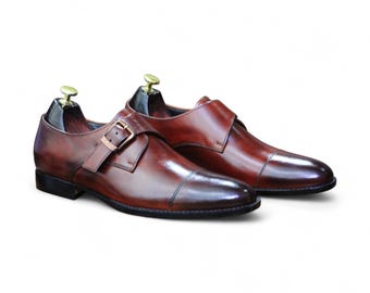 Mens Handmade Burgundy Leather Cap Toe Monk Strap Shoes | Elegant Formal Dress Shoes | Stylish Comfortable Footwear for Men