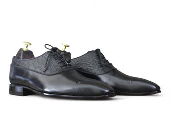 Handmade Men’s Black Leather & Alligator Print Brogue Lace-Up Dress Shoes | Stylish Formal Footwear | Premium Leather Shoes for Men