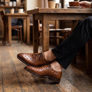 Pair of men handmade cognac full quill ostrich wholecut Oxford shoes with cedar shoe trees placed on urban street curb at night with neon city lights bokeh in background